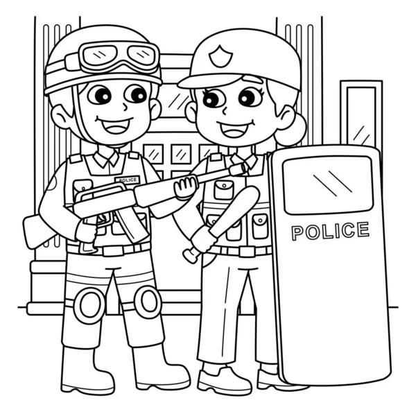 Симпатичная Смешная Раскраска Офицера Полиции Full Gear Обеспечивает Детям Часы — стоковый вектор