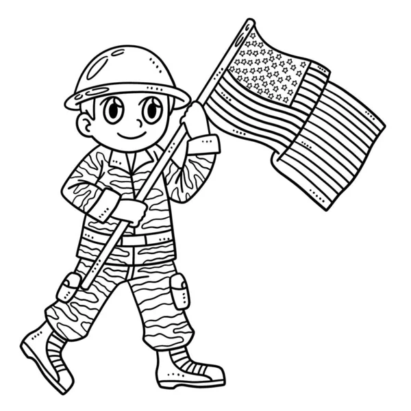 Μια Χαριτωμένη Και Αστεία Σελίδα Χρωματισμού Ενός Στρατιώτη Κρατώντας Σημαία — Διανυσματικό Αρχείο