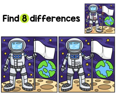 Flag Kids aktivite sayfası tutan astronotun farklılıklarını bul ya da tespit et. Çocuklar için eğlenceli ve eğitici bir bulmaca eşleştirme oyunu.