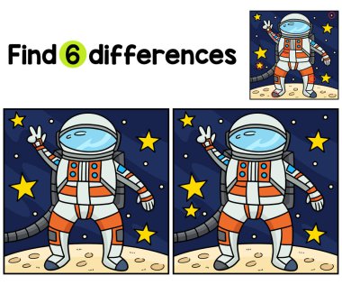 Astronot Barış İşareti aktivite sayfasındaki farklılıkları bul ya da tespit et. Çocuklar için eğlenceli ve eğitici bir bulmaca eşleştirme oyunu.