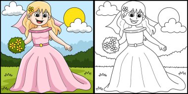 Bu boyama sayfasında bir düğün gelini var. Bu illüstrasyonun bir tarafı renkli ve çocuklar için bir ilham kaynağı..