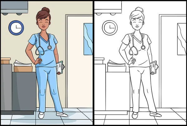 Esta Página Para Colorear Muestra Una Enfermera Lado Esta Ilustración — Archivo Imágenes Vectoriales