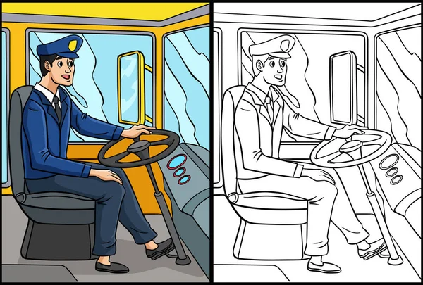 Diese Malseite Zeigt Einen Busfahrer Eine Seite Dieser Illustration Ist — Stockvektor