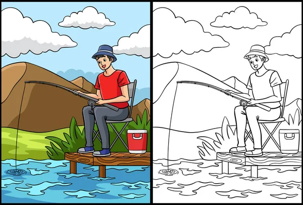 Diese Malseite Zeigt Einen Fischer Eine Seite Dieser Illustration Ist — Stockvektor