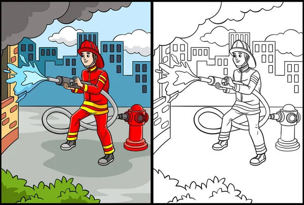 Cette Page Colorier Montre Pompier Côté Cette Illustration Est Coloré — Image vectorielle