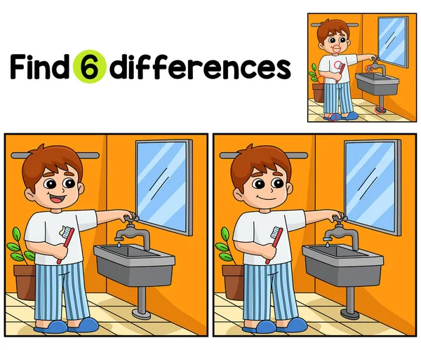 Find Spot Differences Boy Conserving Water Kids Activity Page Funny — Stock Vector