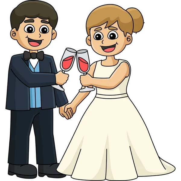 Este Clipart Dos Desenhos Animados Mostra Casamento Noivo Noiva Brinde —  Vetores de Stock