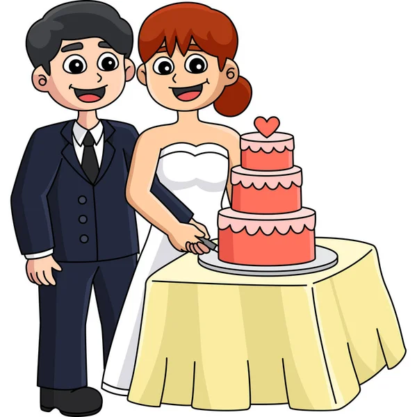Karikatür Klibinde Bir Düğün Damadı Pasta Kesen Gelin Resmedilmiş — Stok Vektör