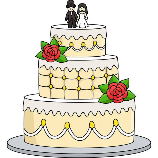 Este Clipart Dos Desenhos Animados Mostra Uma Ilustração Bolo Casamento —  Vetores de Stock