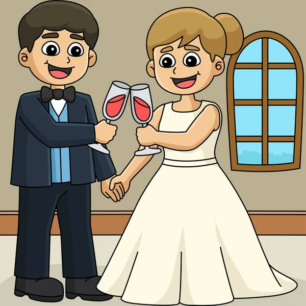Questa Clipart Cartone Animato Mostra Matrimonio Sposo Sposa Toast Illustrazione — Vettoriale Stock