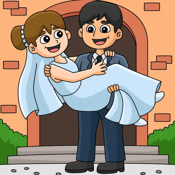Мультфильм Показывает Свадебного Жениха Несущего Невесту Иллюстрации — стоковый вектор