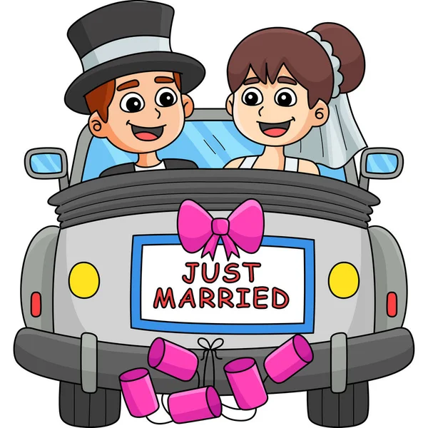 Tento Karikatura Kliparty Ukazuje Svatební Auto Nevěsta Ženich Právě Ženatý — Stockový vektor