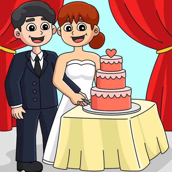 这个卡通片部分展示了一个婚礼新郎和新娘切蛋糕的例子 — 图库矢量图片