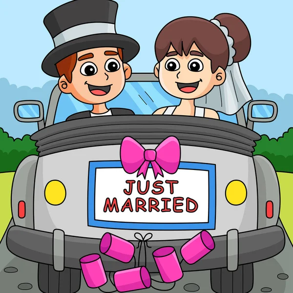 Tento Karikatura Kliparty Ukazuje Svatební Auto Nevěsta Ženich Právě Ženatý — Stockový vektor