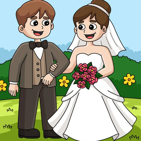 Questa Clipart Cartone Animato Mostra Matrimonio Sposo Sposa Illustrazione — Vettoriale Stock