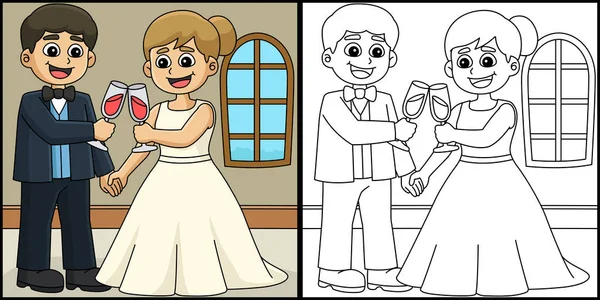 Cette Page Colorier Montre Mariage Groom Bride Toast Côté Cette — Image vectorielle