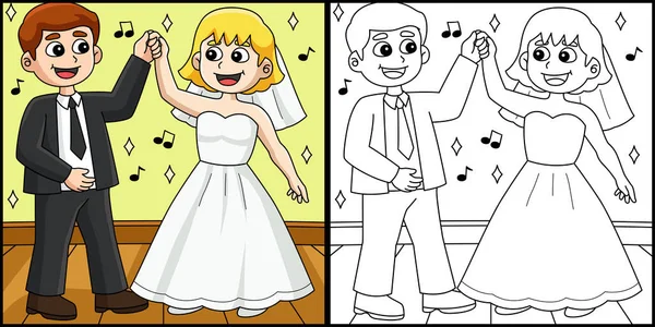Tato Stránka Zbarvení Ukazuje Svatební Ženich Nevěsta Tanec Jedna Strana — Stockový vektor