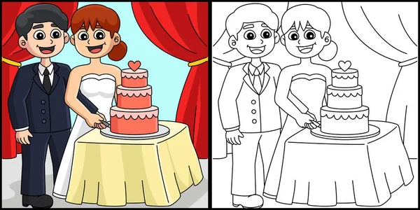 Színező Oldal Egy Esküvői Vőlegény Menyasszony Vágás Torta Illusztráció Egyik — Stock Vector