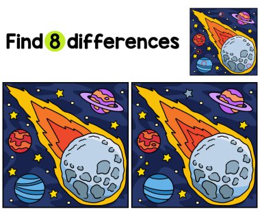 Düşen Asteroit çocukları aktivite sayfasındaki farklılıkları bul ya da tespit et. Çocuklar için eğlenceli ve eğitici bir bulmaca eşleştirme oyunu.