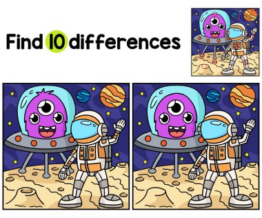 Astronot ve UFO çocuklarının aktivite sayfasındaki farklılıkları bul ya da tespit et. Çocuklar için eğlenceli ve eğitici bir bulmaca eşleştirme oyunu.