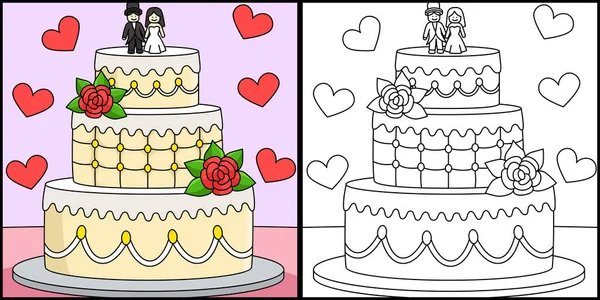 Coloring Page Shows Wedding Cake One Side Illustration Colored Serves — Stock Vector