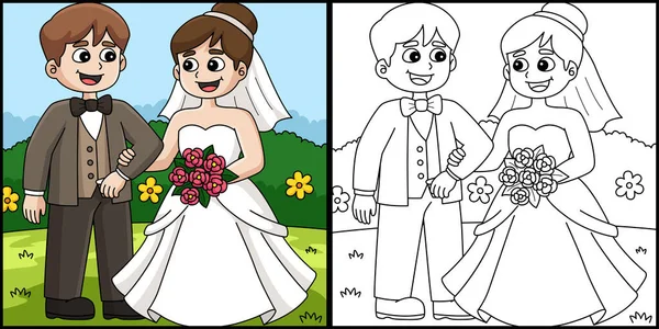 Diese Malseite Zeigt Einen Bräutigam Und Eine Braut Eine Seite — Stockvektor