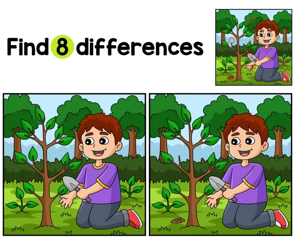 Encontre Localize Diferenças Nesta Página Atividades Crianças Boy Planting Trees — Vetor de Stock