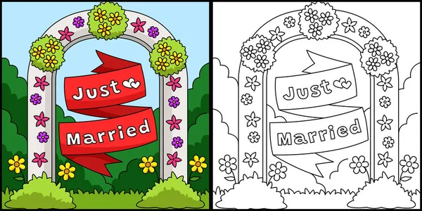 Αυτή Σελίδα Χρωματισμού Δείχνει Ένα Γάμο Ακριβώς Παντρεμένος Flower Arch — Διανυσματικό Αρχείο