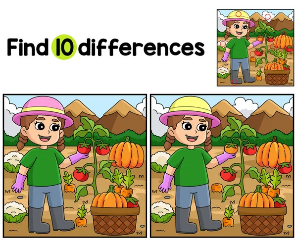 stock vector Find or spot the differences on this Girl Planting Vegetables kids activity page. A funny and educational puzzle-matching game for children.