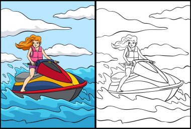 Bu renkli sayfa bir Jet Ski 'yi gösteriyor. Bu illüstrasyonun bir tarafı renkli ve çocuklar için bir ilham kaynağı.. 
