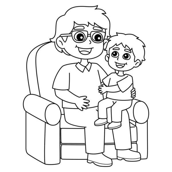 Cute Funny Coloring Page Son Sitting Fathers Lap Provides Hours — Stock Vector