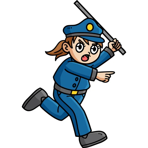 この漫画のクリップは バトンイラストを保持警察の女性を示しています — ストックベクタ