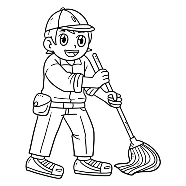 Una Simpatica Divertente Pagina Colorare Una Janitor Cleaning Fornisce Ore — Vettoriale Stock