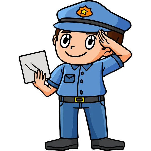 この漫画のクリップは 敬礼警察官のイラストを示しています — ストックベクタ