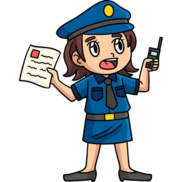 この漫画のクリップは 警察の女性のレポートイラストを示しています — ストックベクタ