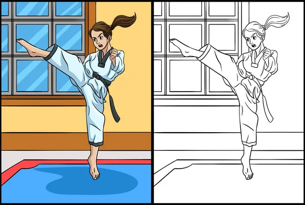 Questa Pagina Colorare Mostra Taekwondo Lato Questa Illustrazione Colorato Serve — Vettoriale Stock