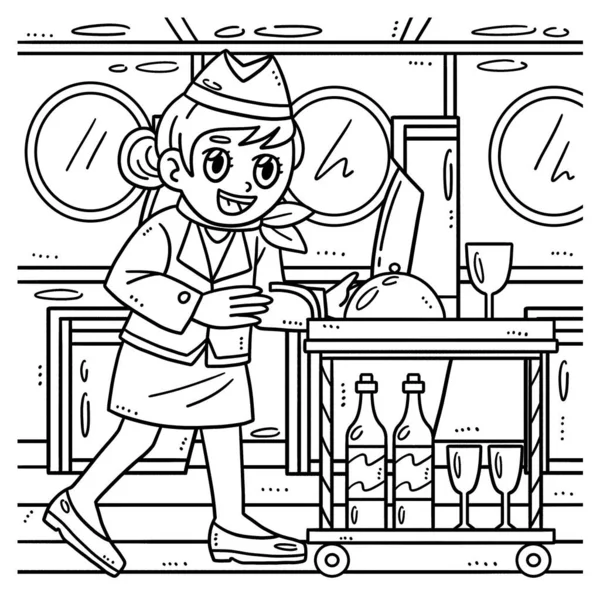 Eine Süße Und Lustige Malseite Einer Stewardess Mit Einem Essenswagen — Stockvektor