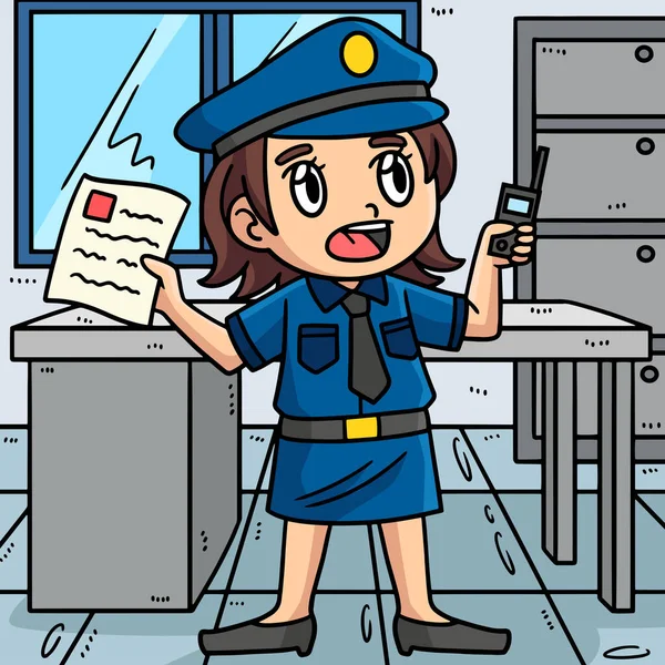 Clipart Bande Dessinée Montre Une Illustration Policewoman Reporting — Image vectorielle