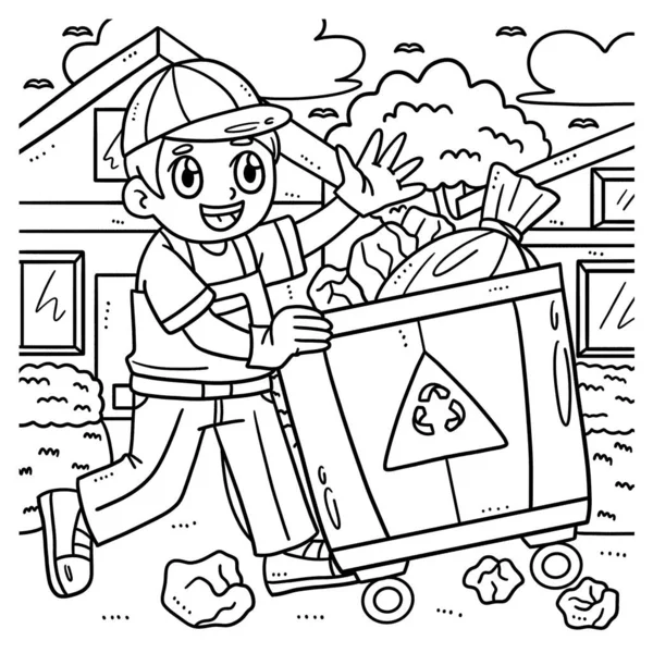 Eine Süße Und Lustige Malseite Eines Müllmanns Der Mülleimer Sammelt — Stockvektor