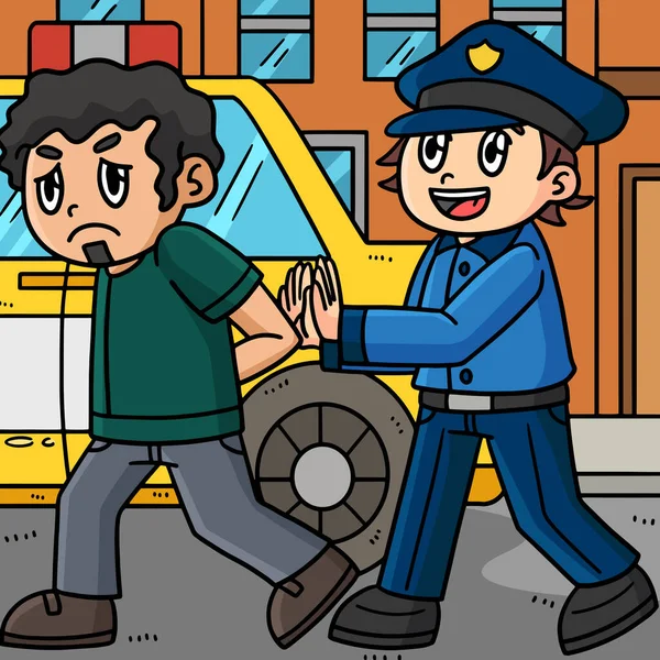 Мультфильм Показывает Полицейского Сопровождающего Преступника Автомобильной Иллюстрации — стоковый вектор