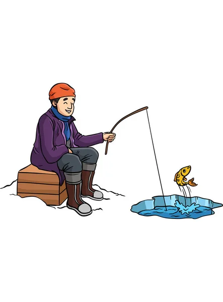 Questa Clipart Cartone Animato Mostra Illustrazione Pesca Sul Ghiaccio — Vettoriale Stock