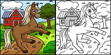 Bu renkli sayfa bir atı gösteriyor. Bu illüstrasyonun bir tarafı renkli ve çocuklar için bir ilham kaynağı.