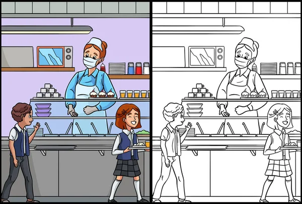 Coloring Page Shows Lunch Lady One Side Illustration Colored Serves — Stock Vector