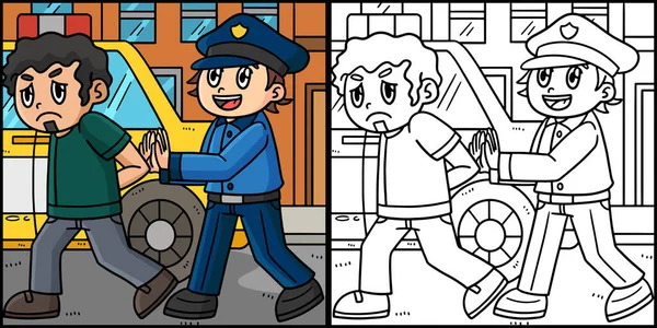 Cette Page Colorier Montre Policier Escortant Criminel Dans Voiture Côté — Image vectorielle