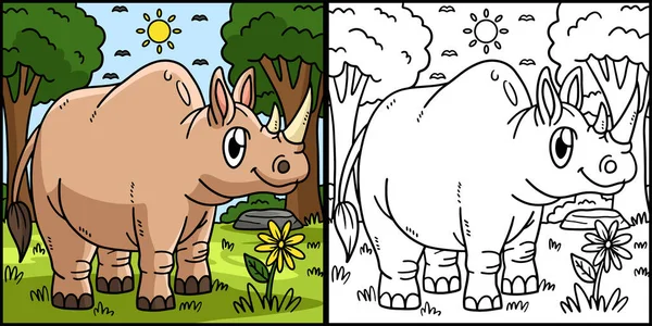 stock vector This coloring page shows a Rhinoceros. One side of this illustration is colored and serves as an inspiration for children