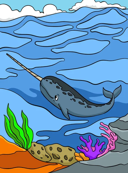 stock vector This cartoon clipart shows a Narwhal illustration.