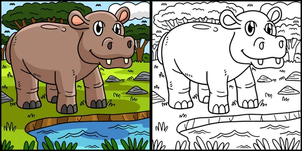 Kolorowanka Pokazuje Hipopotama Jedna Strona Tej Ilustracji Jest Kolorowa Służy — Wektor stockowy
