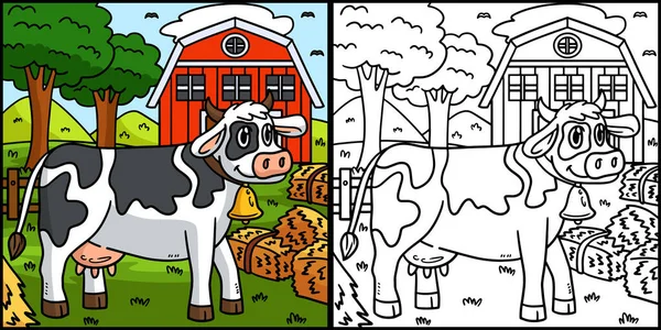 Kolorowanka Pokazuje Krowę Jedna Strona Tej Ilustracji Jest Kolorowa Służy — Wektor stockowy