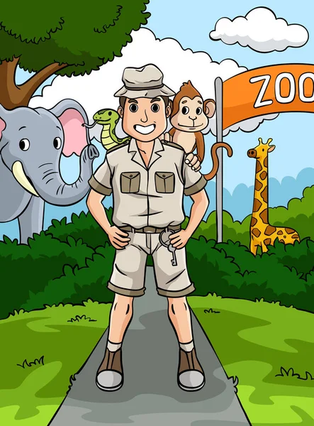 Deze Cartoon Clipart Toont Een Zookeeper Illustratie — Stockvector