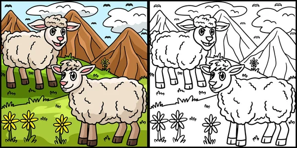 この着色ページは羊を示しています このイラストの片側は着色されており 子供のためのインスピレーションとして機能します — ストックベクタ